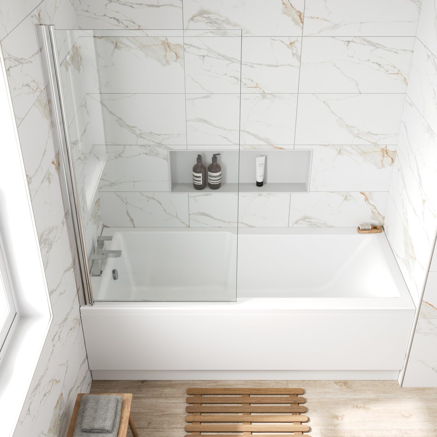 Baystone White Baystone® 1700 X 750Mm Single Ended Straight Shower Bath Tub With Side Panel & Screen Gloss Acrylic Luxury For Bathroom Alcove Corner Modern