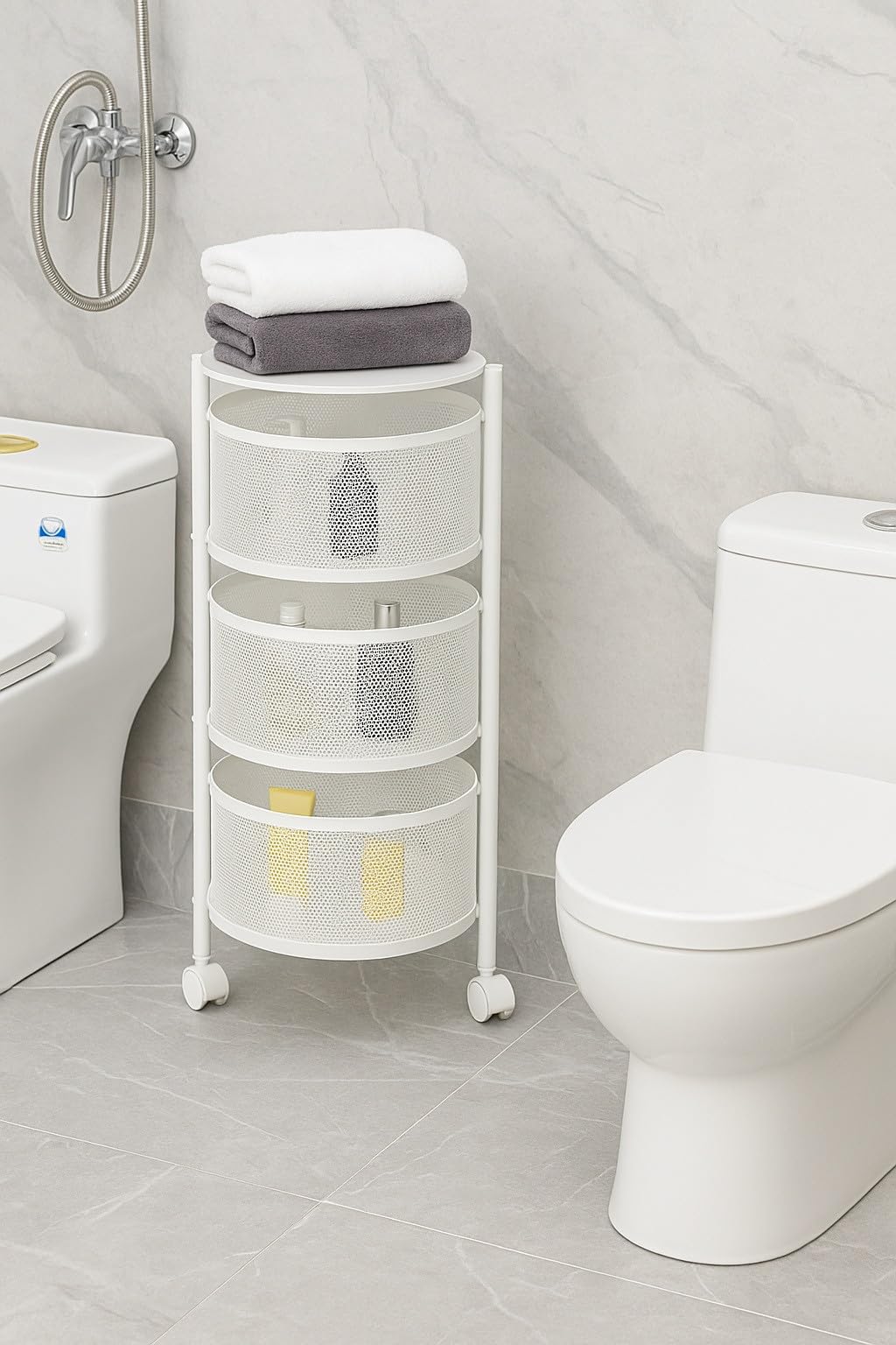 Deconation Resserre 3 Paniers Rotatifs sur Roues en Acier Blanc | H 60 Cm X D 33 Cm | Etagère De Rangement Cuisine, Salle De Bain, Bureau..
