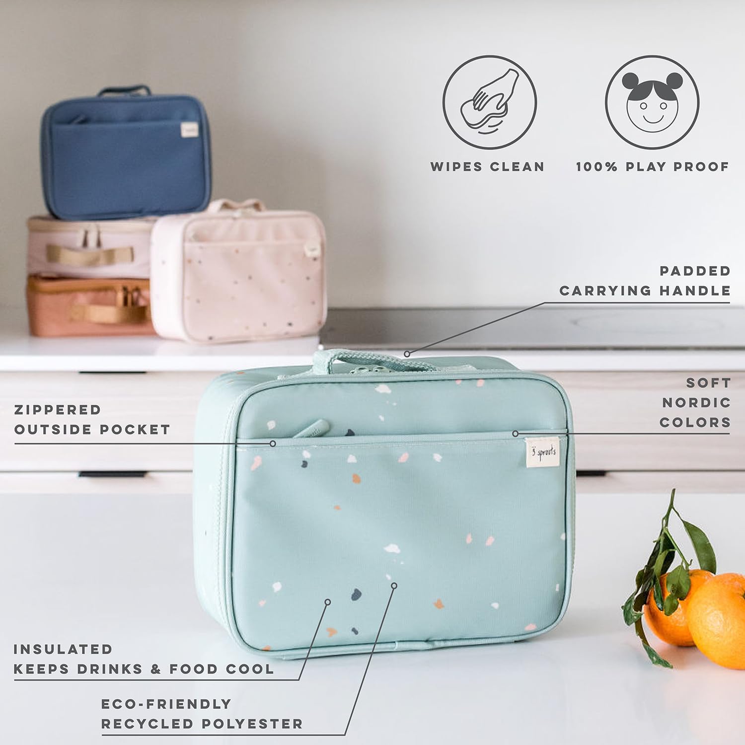 3 Sprouts Sac Isotherme Enfant, Goûter et Repas, Terrazzo Vert | Sac isotherme, Goûter et repas, École/pique-nique, Facile à nettoyer, Résistant à l'eau, Enfants/bébés, Sans BPA