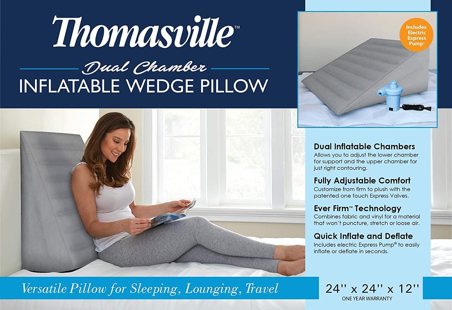 Thomasville Dual Chamber Inflatable and Adjustable Air Wedge Pillow with Patented Electric Pump and Auto Seal Valve : Sports & Outdoors