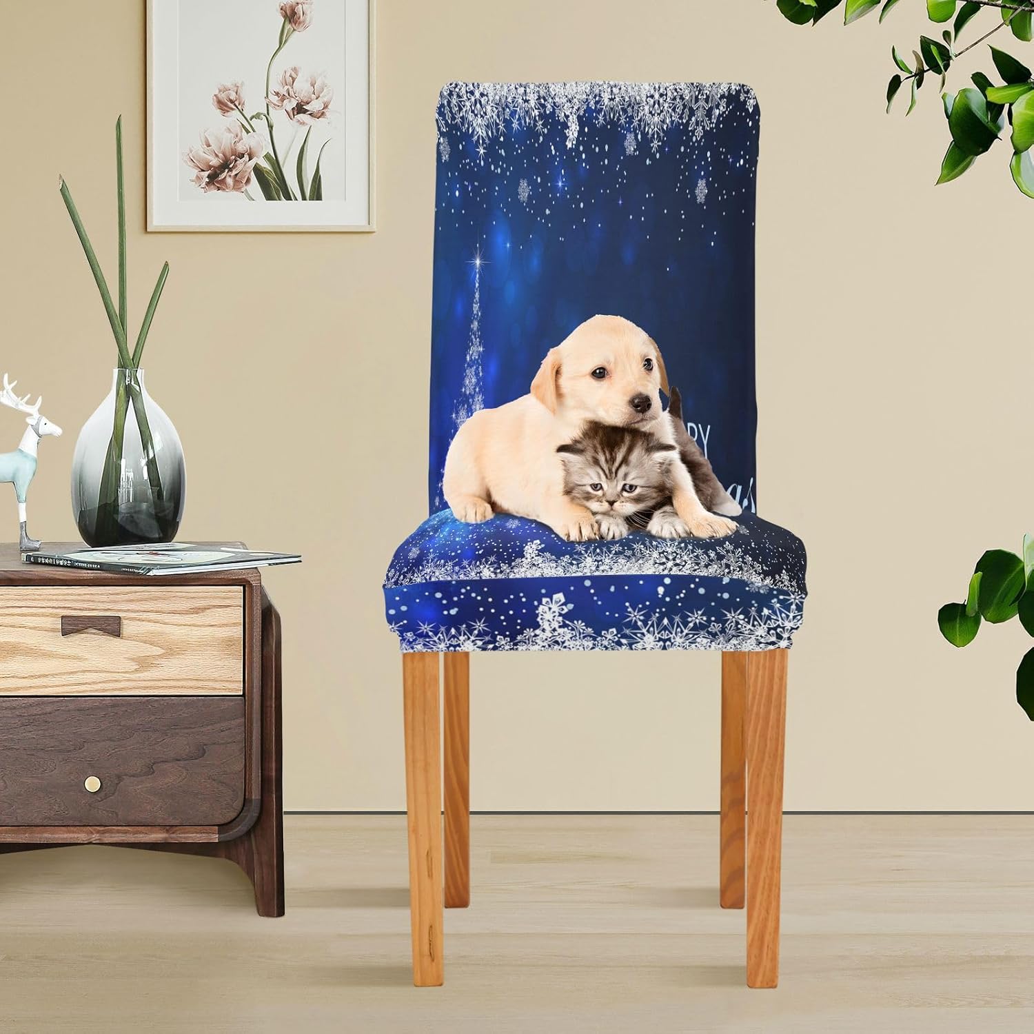 Blue Christmas Tree Dining Room Chair Covers Set of 2,Stretchable Removable Washable Spandex Kitchen Chair Protector Slipcovers for Restaurant,Hotel,Ceremony,Christmas,Festival Decoration