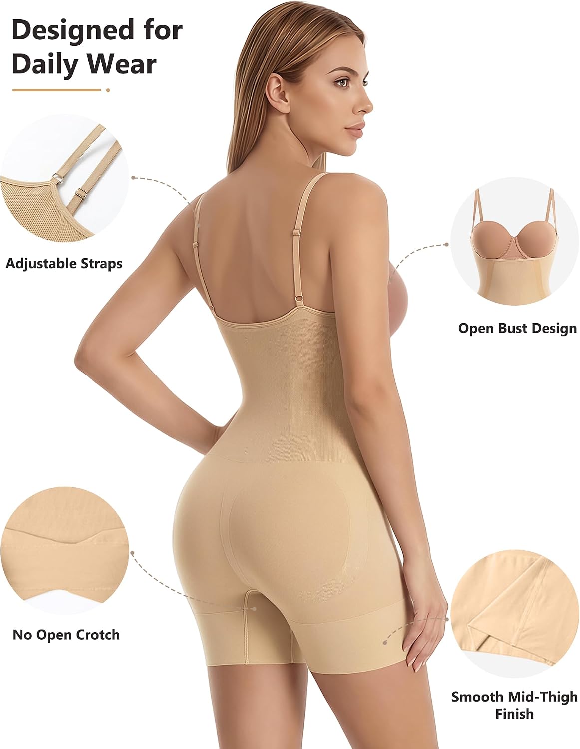 Open Bust Shapewear Bodysuit for Women, Tummy Control Body Shaper Shorts, Seamless High Stretch Fabric