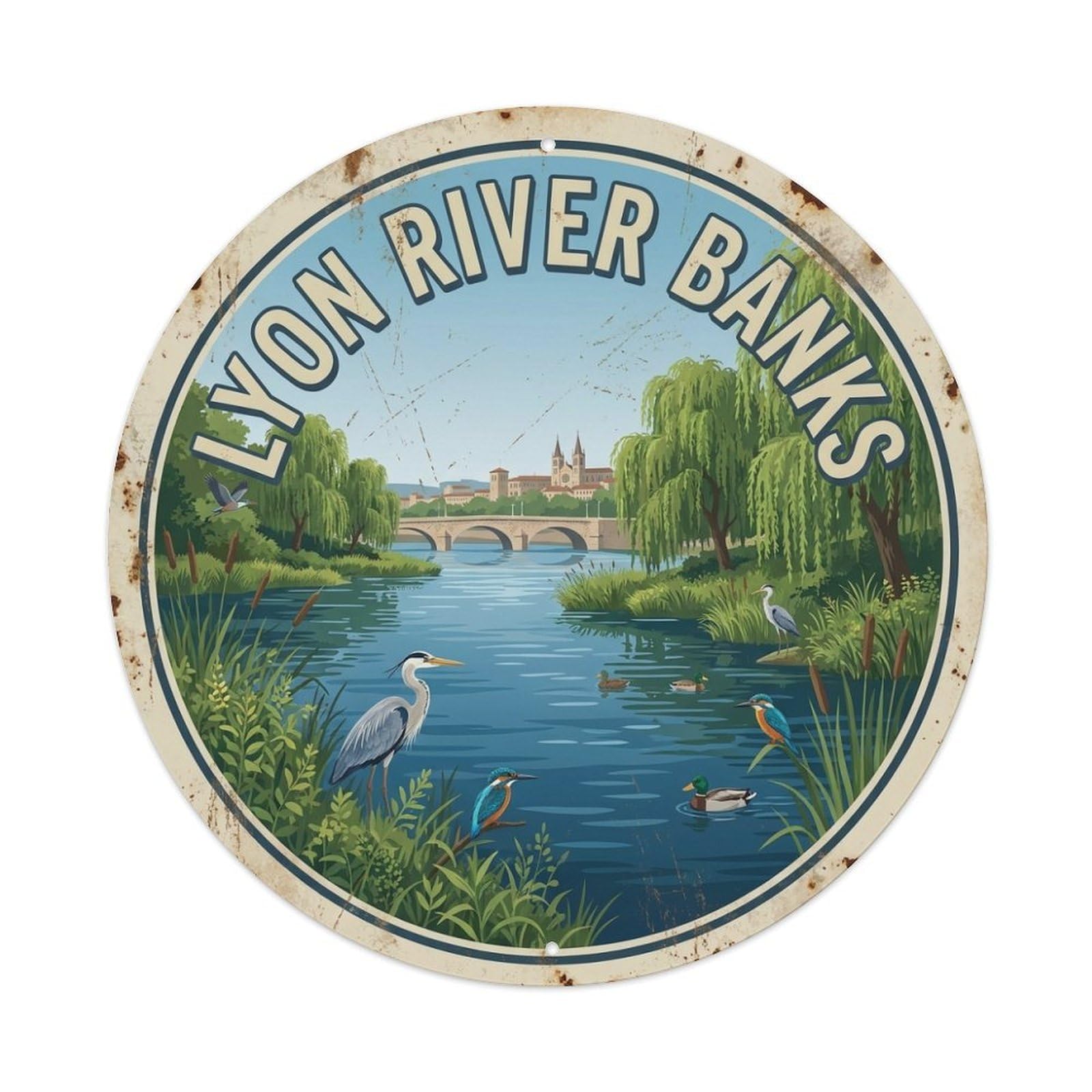 Riverbank Nature France Lyon Riverside Landscape Metal Tin Sign