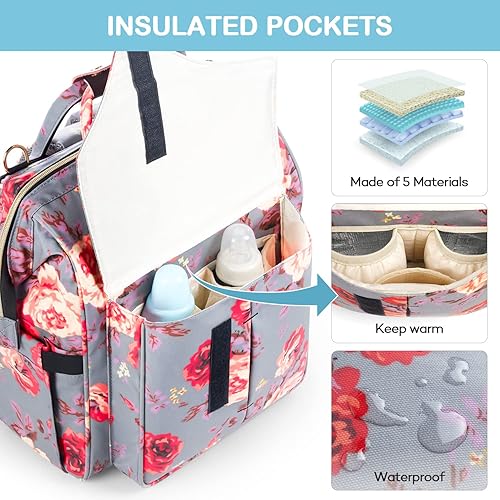 Miniatura 7 de Kaome Bolsa de pañales bolsa de pañales multifunción mejorada de gran capacidad bolsa impermeable para bebé con aislamiento floral duradera mochila