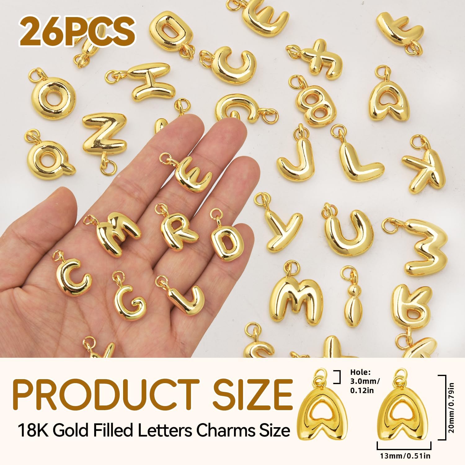 26PCS 18K Gold Filled Initial Charms for Jewelry Making, Trendy Bubble Letter Charms for Bracelet, Gold A-Z Alphabet Beads for Women Necklace Earrings DIY Crafts Making