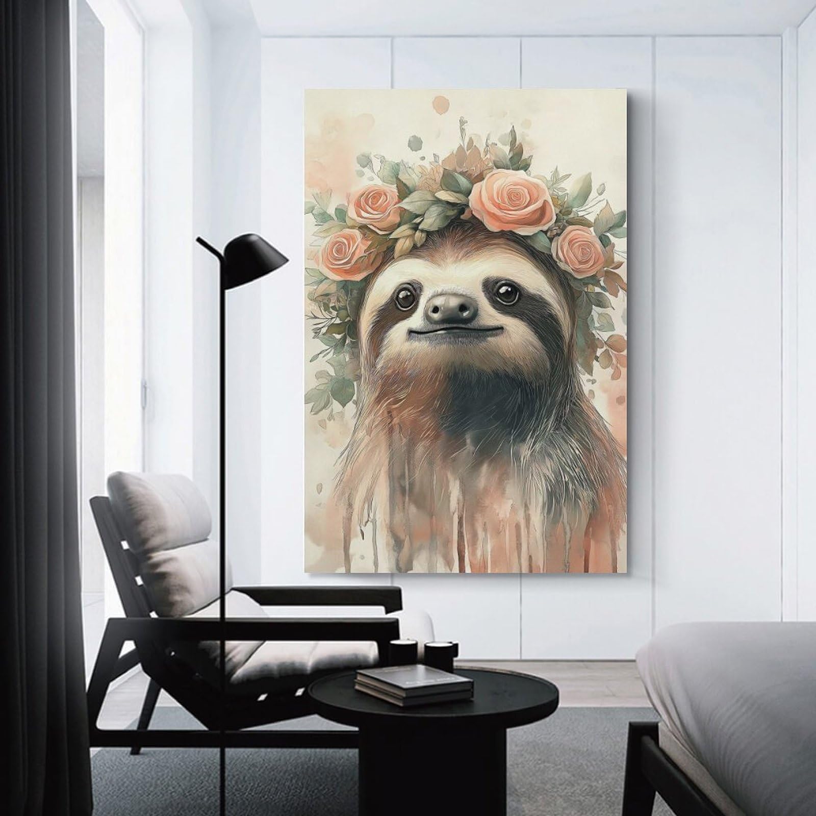 Junmoney Unframe-Style-17 Sloth With Floral Crown Canvas Wall Decor 24X36inch(60X90cm), For Calm Bedrooms, Home Corners Or Flats, A Warm Accent For Relaxed Interiors