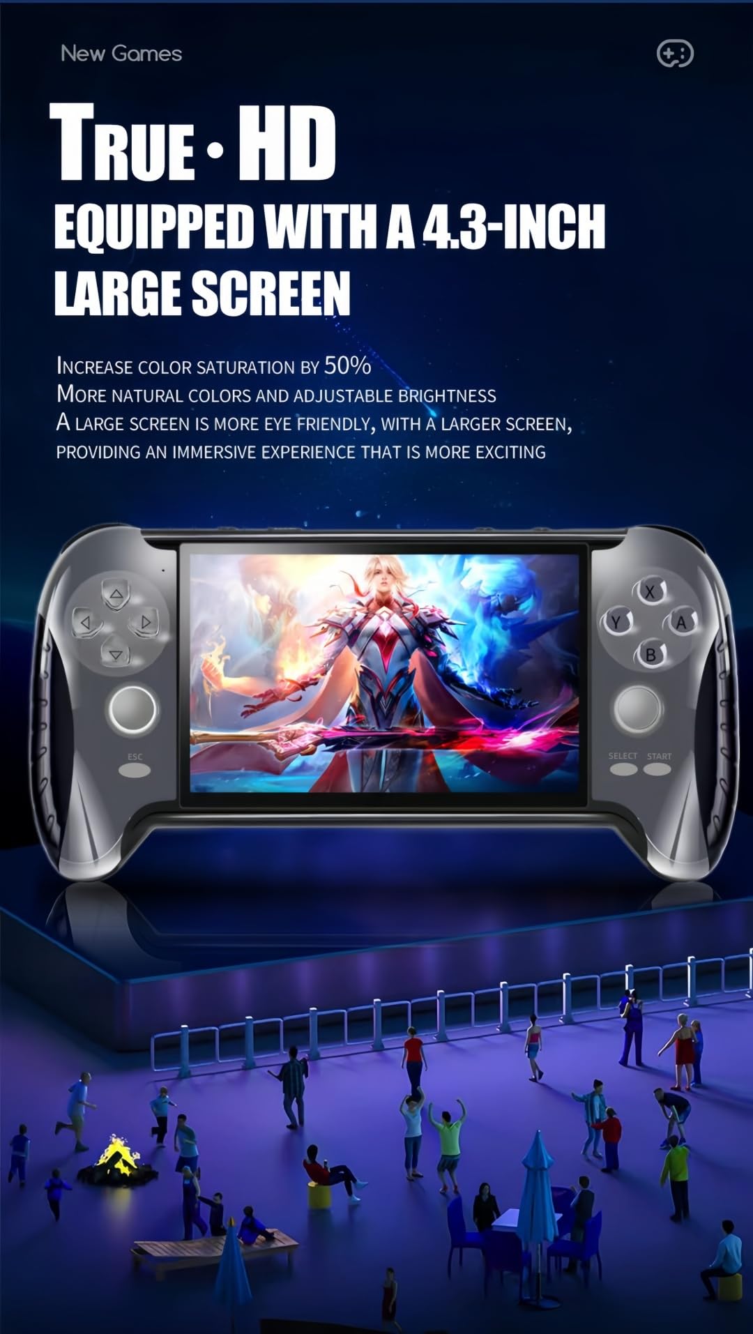 4.3 Pulgadas Consola de Videojuegos Portátil Diseño de Mango Creativo Emuladores Múltiples Salida TV/MP4/MP3/E-Book Juegos Retro de Puzzle Casual Regalos de Cumpleaños/Vacaciones
