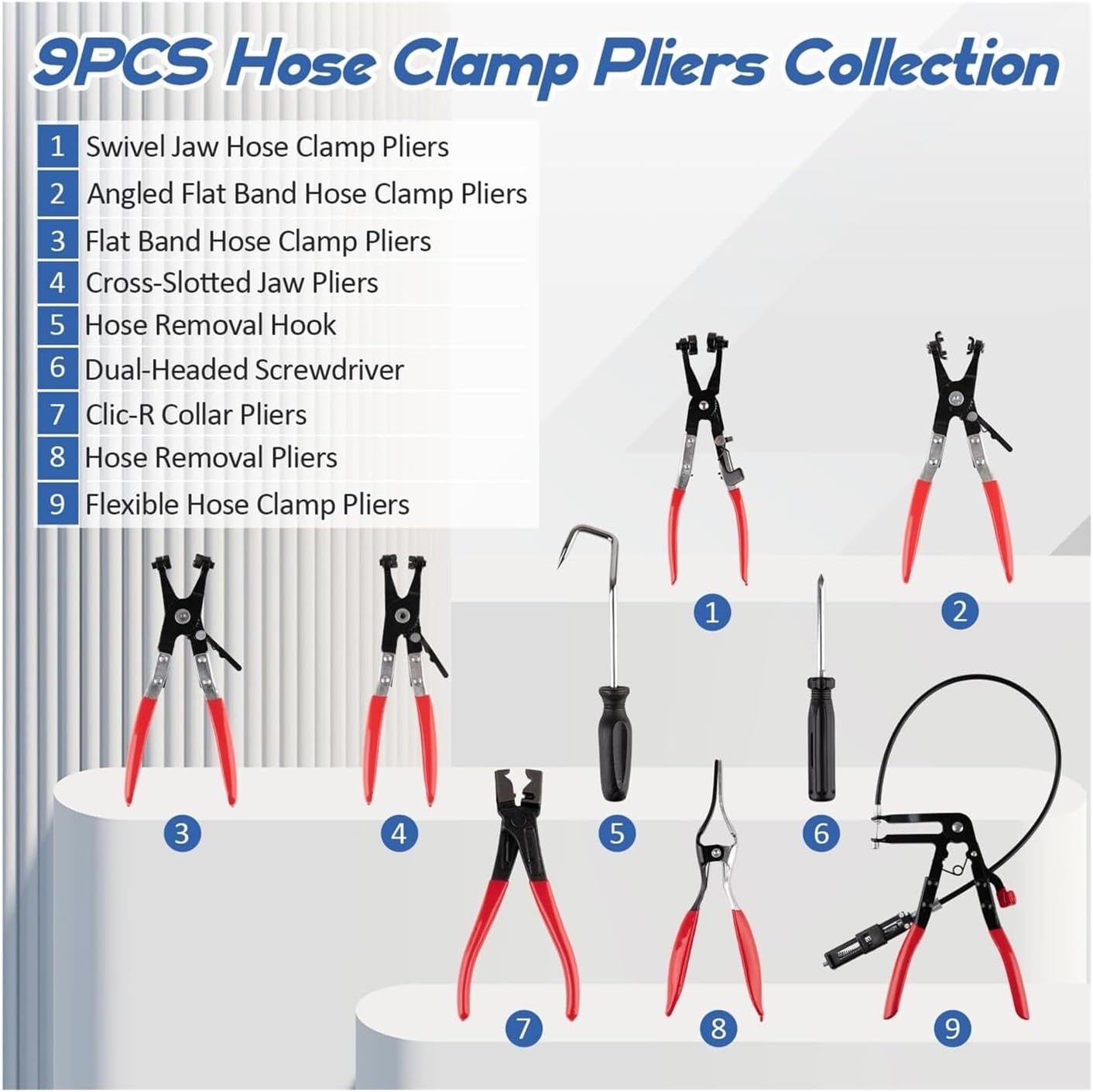 9-Piece Hose Clamp Pliers Set, Automotive Removal Tool Kit For Radiator Coolant Heater Water Lines, Flexible Long Reach Clamp Pliers For Car Truck Engine Repair