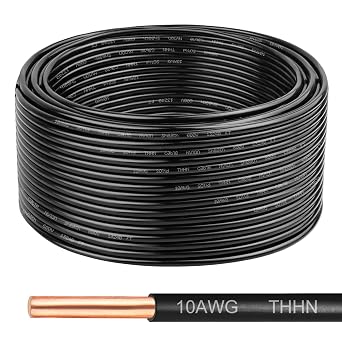 THHN Wire 10 Gauge 100 FT, 10 AWG Solid OFC Copper Electrical Building Wire with Nylon Jacket PVC Insulation, Rated 600V for Residential, Industrial, CNC, Ground 10 Gauge, Black