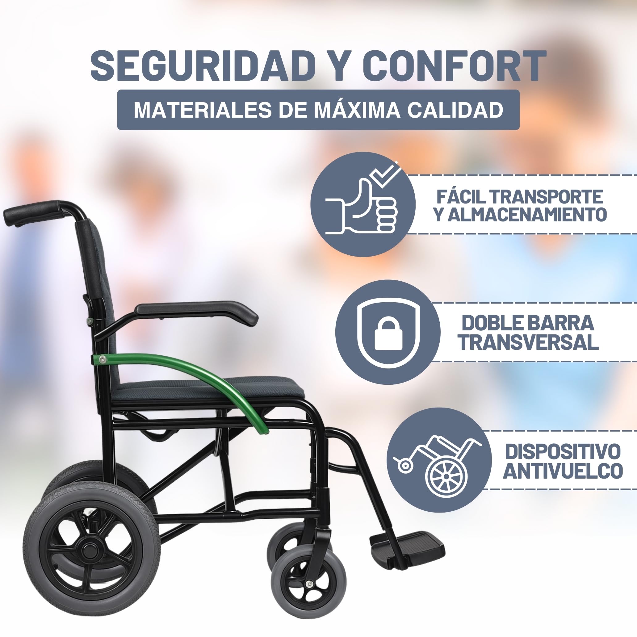 Inko Mobility Silla de Ruedas Plegable Ligera, Estable y Segura, Silla de Ruedas de Paseo para Adultos, Ancianos y Mayores, Dispositivo Antivuelco Incluído, Estrecha y Resistente, Wheelchair