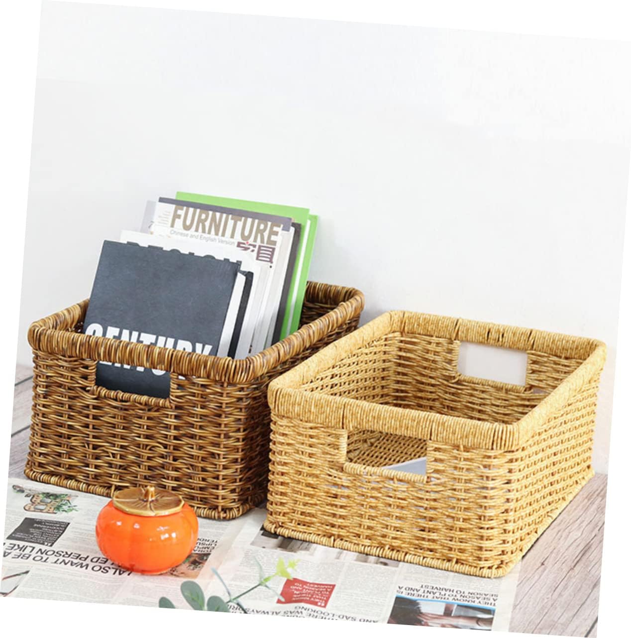 KOMBIUDA Hollow Handle Woven Storage Basket for Sundries Imitation Rattan Design Material for Desktop Snack and Cosmetic Organization