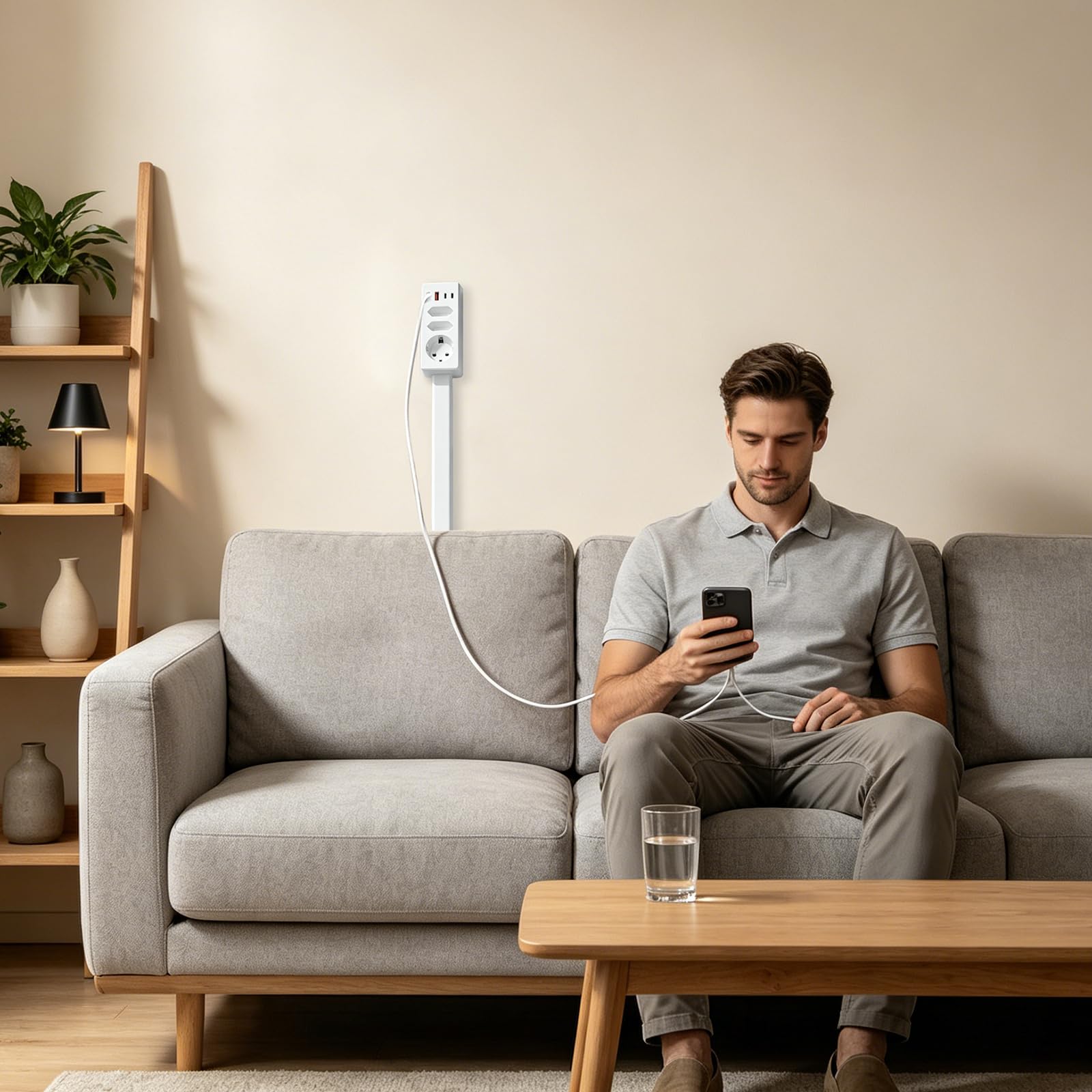 Enchufe eléctrico retráctil con puertos USB-C y USB-A | regleta extensible 44,5-65 cm para enchufes de difícil acceso detrás del sofá