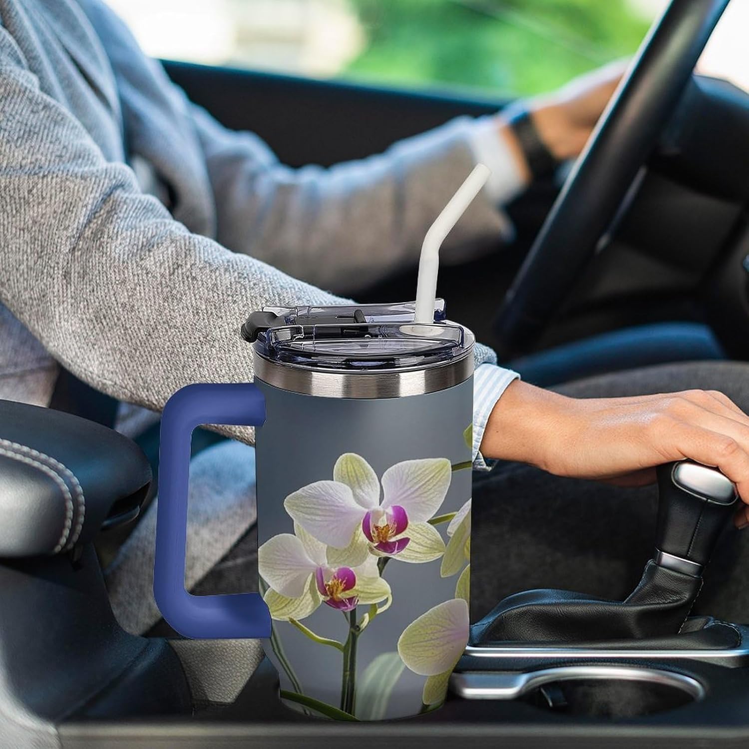 Colorful Orchids Flower Tumbler 40 Oz with Handle&Lid Large Car Cup Stainless Steel Vacuum Travel Mug Insulated Water Bottle Leak-proof Portable Coffee Cup for Home Car Outdoor