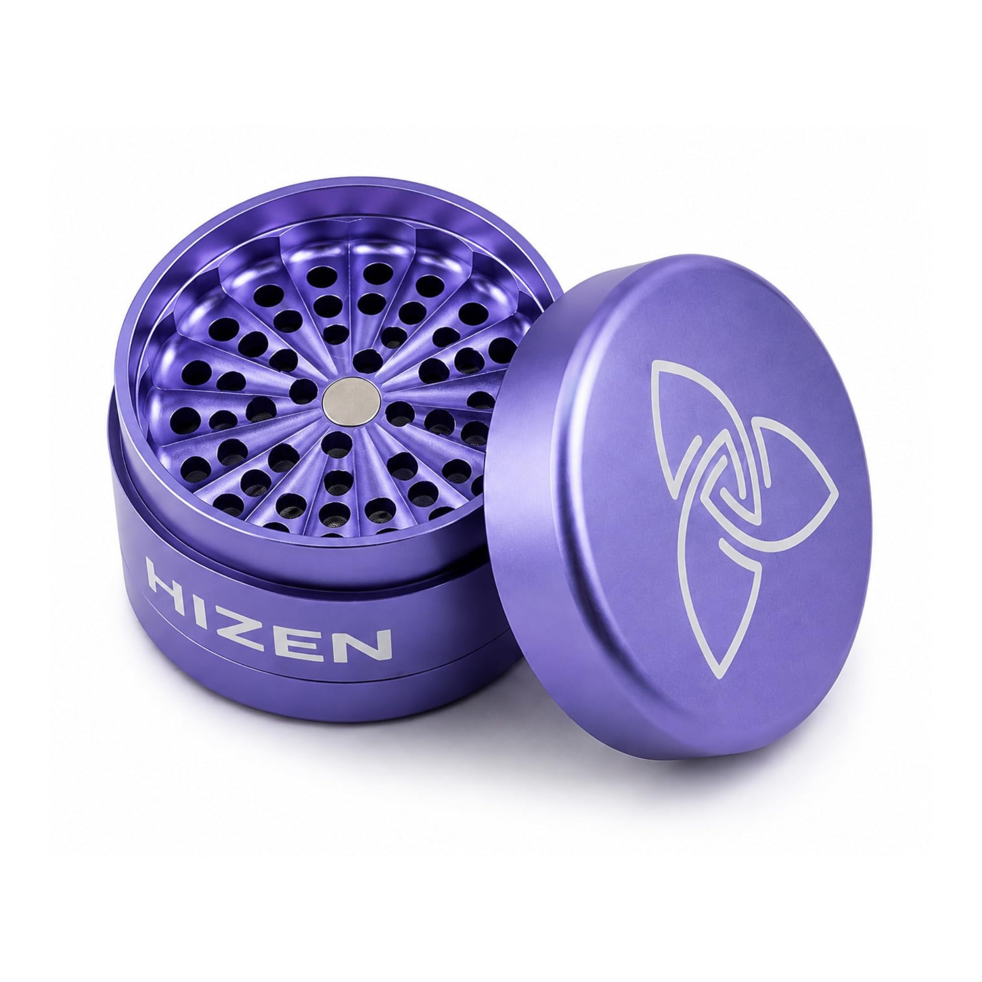 HIZEN Toothless Grinder 63 mm, 4 pezzi, trituratore senza denti con struttura ondulata, setaccio per polline e camera fine, macinazione uniforme, compatto e robusto (viola)
