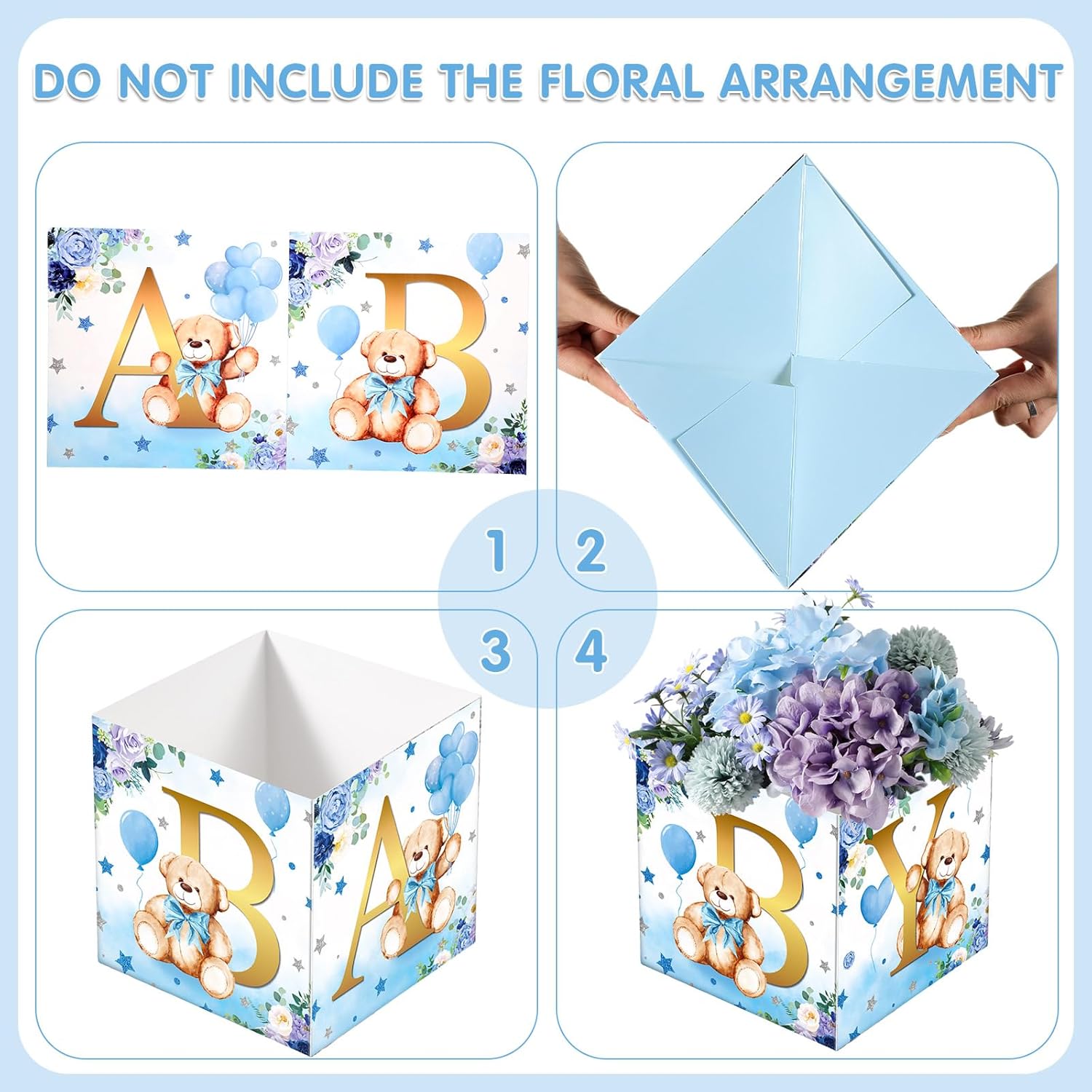 Tanlade 6 Pcs Blue Bear Baby Shower Flower Boxes Centerpieces Decorations Floral Baby Boxes with Letters Shower Box Block for Tables Boy Girl Gender Reveal Birthday Decor Without Flowers