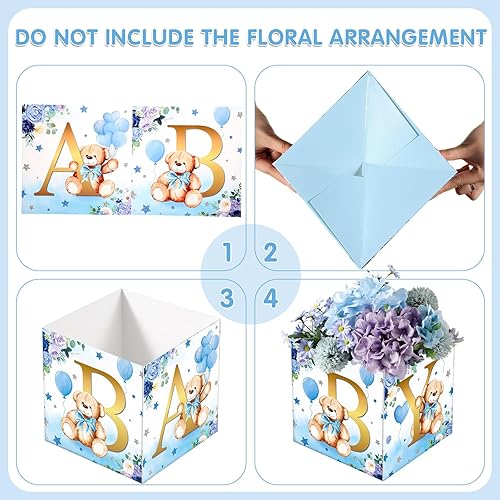Miniatura 3 de Tanlade 6 cajas de flores de oso azul para baby shower, centros de mesa, decoraciones florales para bebés con letras caja de ducha bloque para mesas