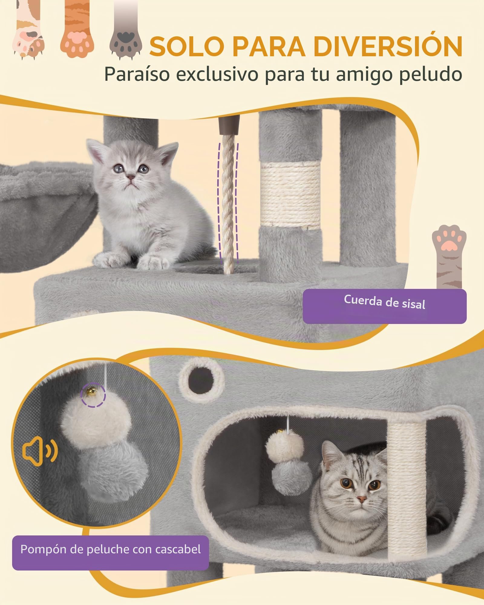 Hzuaneri Árbol para Gatos de 180 cm con 8 Postes Rascadores, 3 Plataformas, 2 Cuevas, Cesta, Bolas de Peluche y Cuerda de Sisal, Apto para Gatos de Todos Los Tamaños, Gris Claro MS18018LG