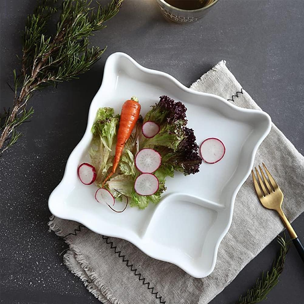 WAYUTO Ceramic Chip Dip Dish Dinner Plate Dessert Serving Bowl Irregular Porcelain Appetizer Serving Tray Cheeses Platter Compartment Dish for Biscuits Ice Cream Salad Fried Chicken 9 Inch