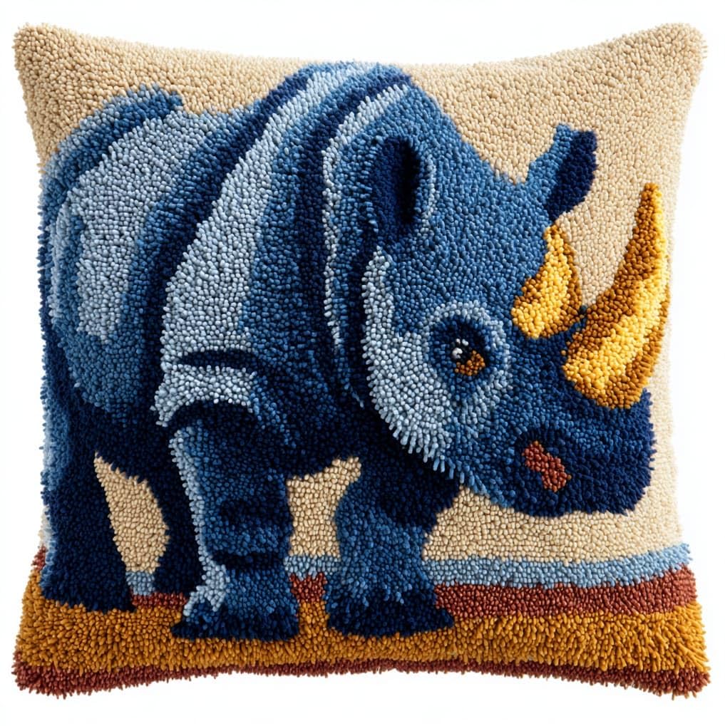 AxiangziK Latch Hook Kits for Adults,Animal Rhinoceros Latch Hook Pillow Kits 17X17 Inches DIY Needlework Crafts Everything Included Gift for Family Friends
