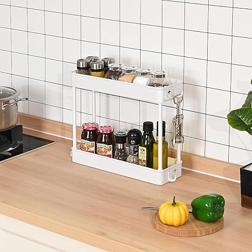 Miniatura 4 de TOOLF Carrito de almacenamiento delgado con ruedas, carrito utilitario de 3 niveles con ganchos, organizador de carrito rodante para baño,