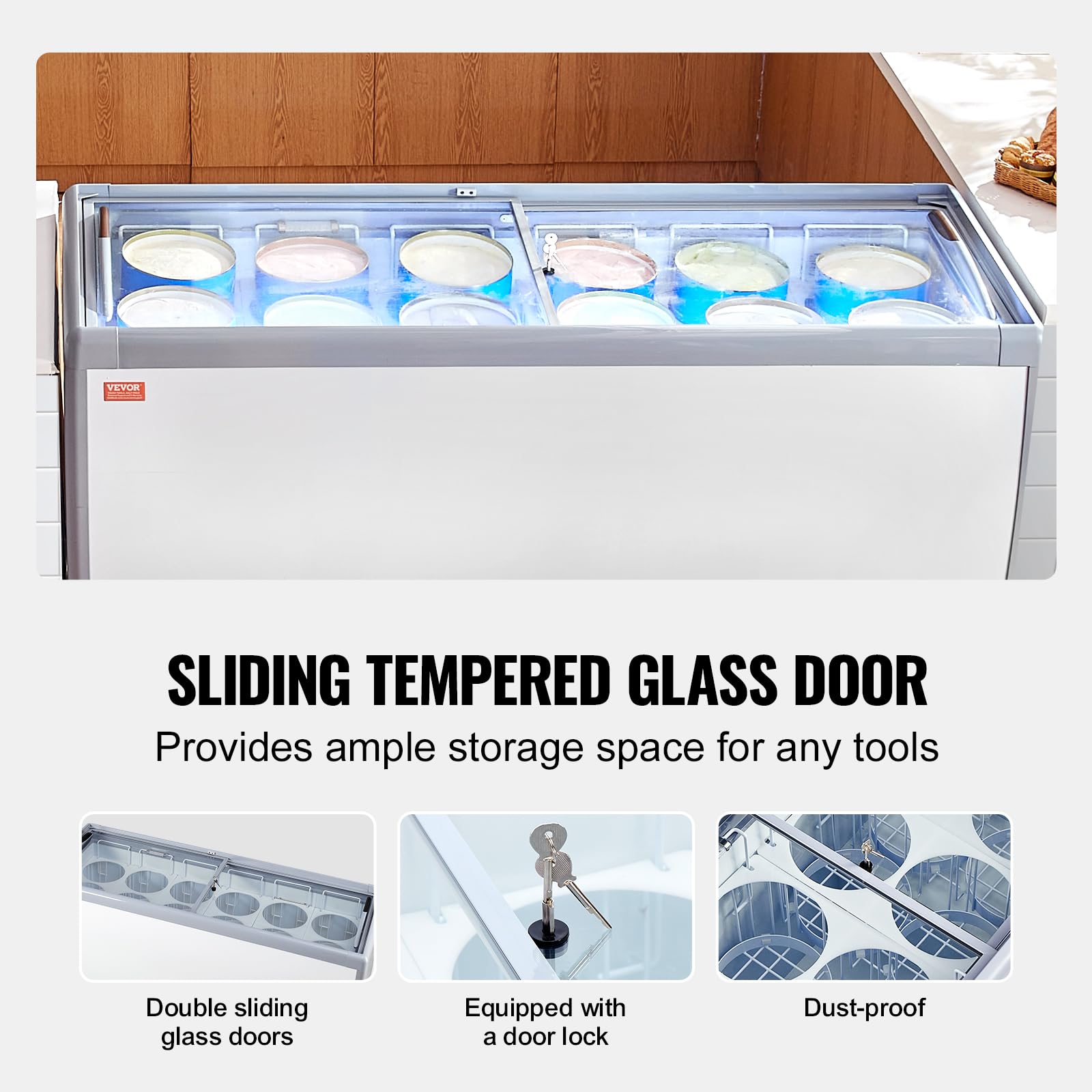 VEVOR Vitrina Comercial para Helado, Congelador Horizontal 567 L, Congelador Móvil con Tapa de Vidrio, 12 Tinas Grandes, 2 Puertas Corredizas de Vidrio, Ruedas con Bloqueo, Blanco, 1800 x 715 x 880 mm
