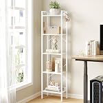 Hzuaneri Bookshelf, Book Shelf, Industrial Bookcase with 2 Hooks, Coner Shelf Storage Organizer for Home Office, Living Room, Bedroom, Kitchen, 6-Tier White-Gold BC10713G