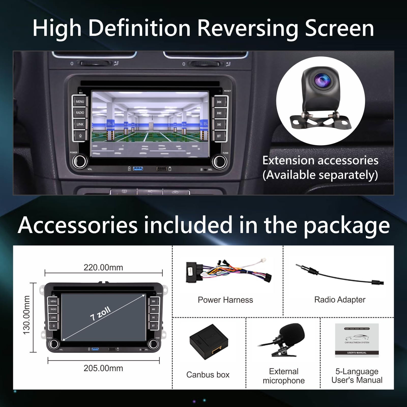 Linux Autoradio Mit Bildschirm für Golf 5 6 VW Polo 6R T5 Passat Touran Seat mit Navi FM/AM, WLAN, Apple Carplay, Android Auto, Lenkrad Strg, DAB AutoTouch Display 7 Zoll
