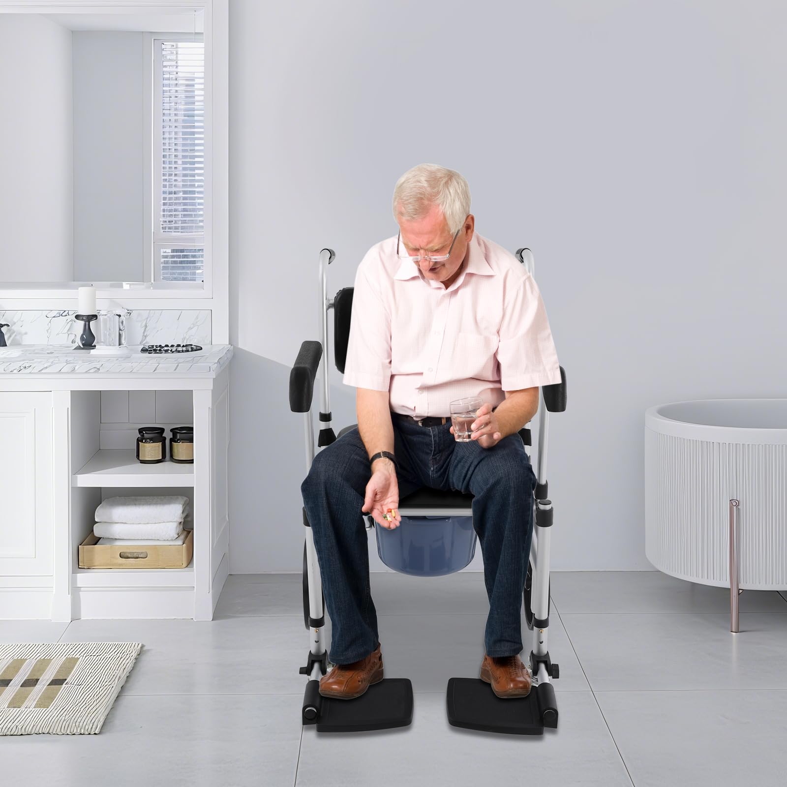 Sedia WC indipendente in alluminio con ruote, portata fino a 150 kg, altezza regolabile 46-51 cm, sedia a rotelle per il bagno, sedia a rotelle per anziani e disabili