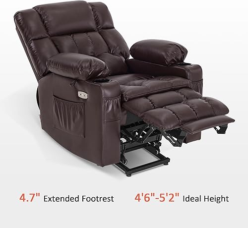 Miniatura 122 de MCombo Silla reclinable eléctrica de doble motor para personas mayores, silla elevadora plana con calor y masaje, portavasos, puertos USB, piel