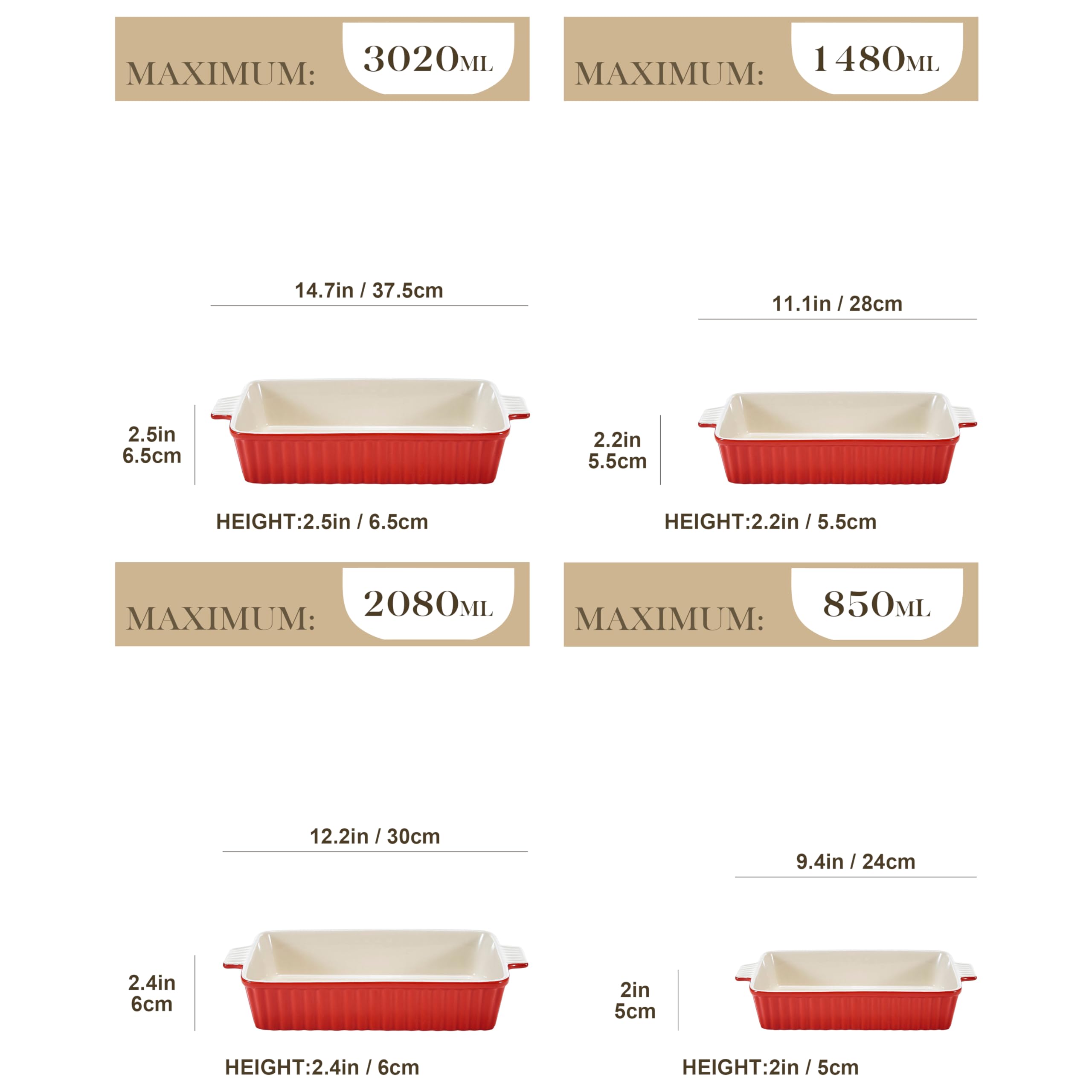 MALACASA, Serie Bake.Bake, 4-teiliges Auflaufform Set aus kratzfestem Keramik in Rot | Enthält 4 Größen für die Zubereitung von Lasagne, Suppe, tiramisu und mehr
