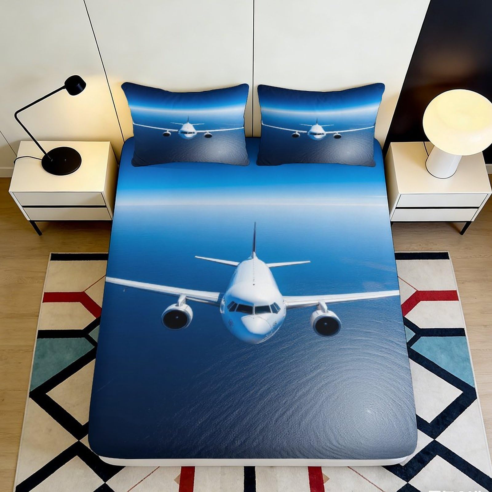 Pnayamiorkfel Style-4 3D Printed Airplane Ocean View Fitted Sheet Microfiber Soft Anti-Slip Mattress Cover For Bedroom Guest Room Decor, Washable 90X200x25cm