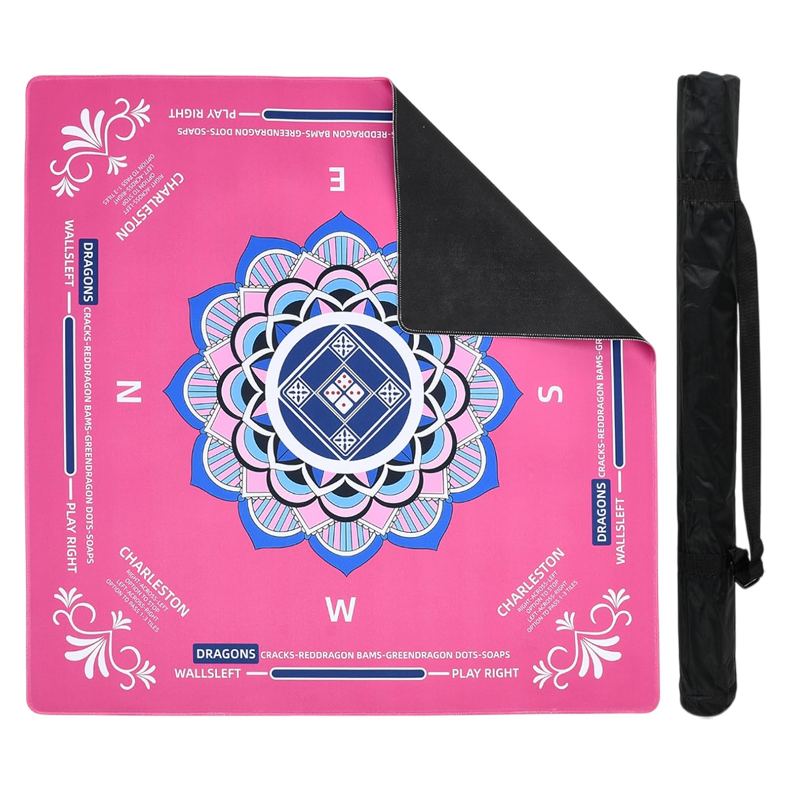HUAAPLEVLA Hot Pink Mahjong Mat for Table 31.5"×31.5" Rubber Mahjong Mat with Rules Waterproof Non Slip Noiseless Foldable Mandala Flower Pad for Mah Jong Poker Domino Chess Board Card Game