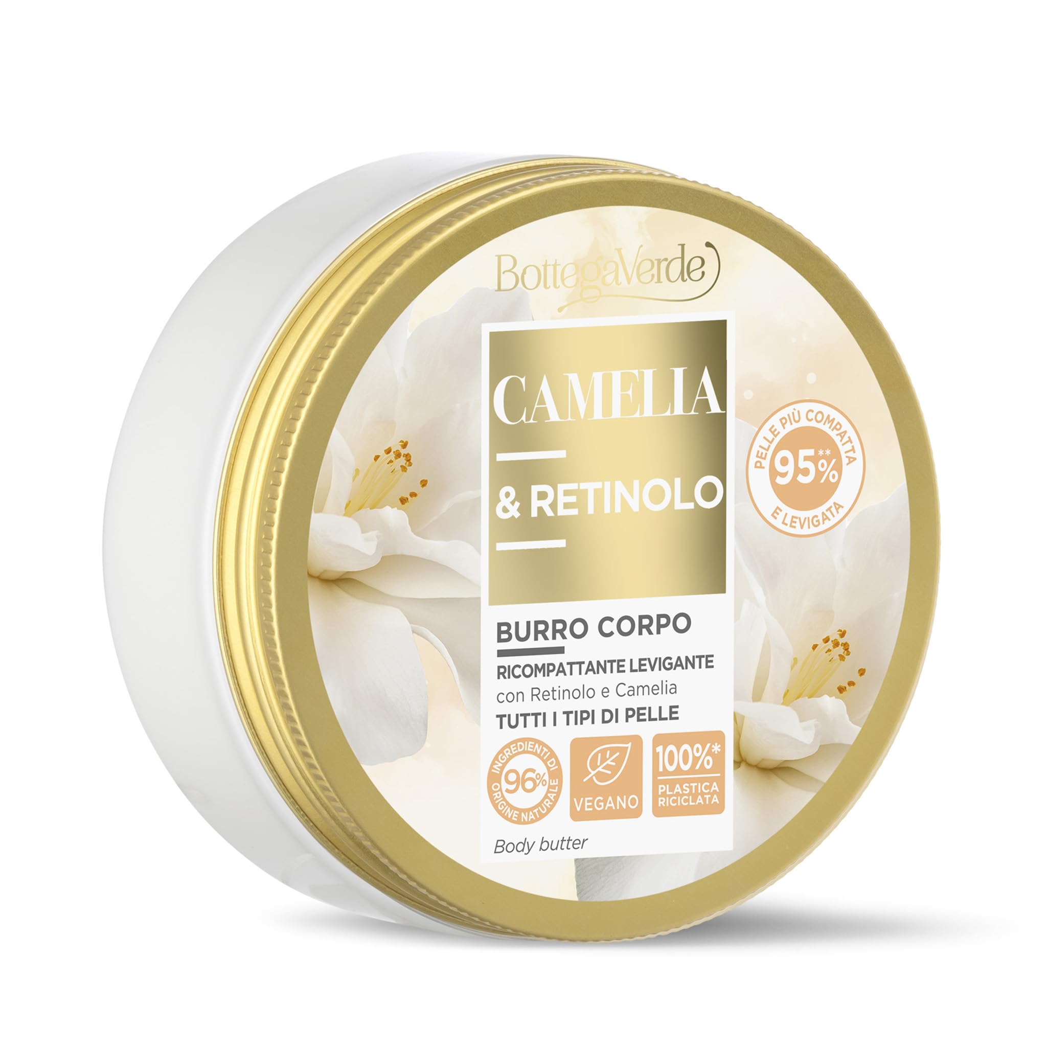 Bottega Verde Kamelia i Retinol, masło do ciała, 150 ml, zagęszczający i wygładzający, z retinolem i ekstraktem z kamelii hiperfermentowanym środkiem uszczelniającym Bottega Green Bottega do