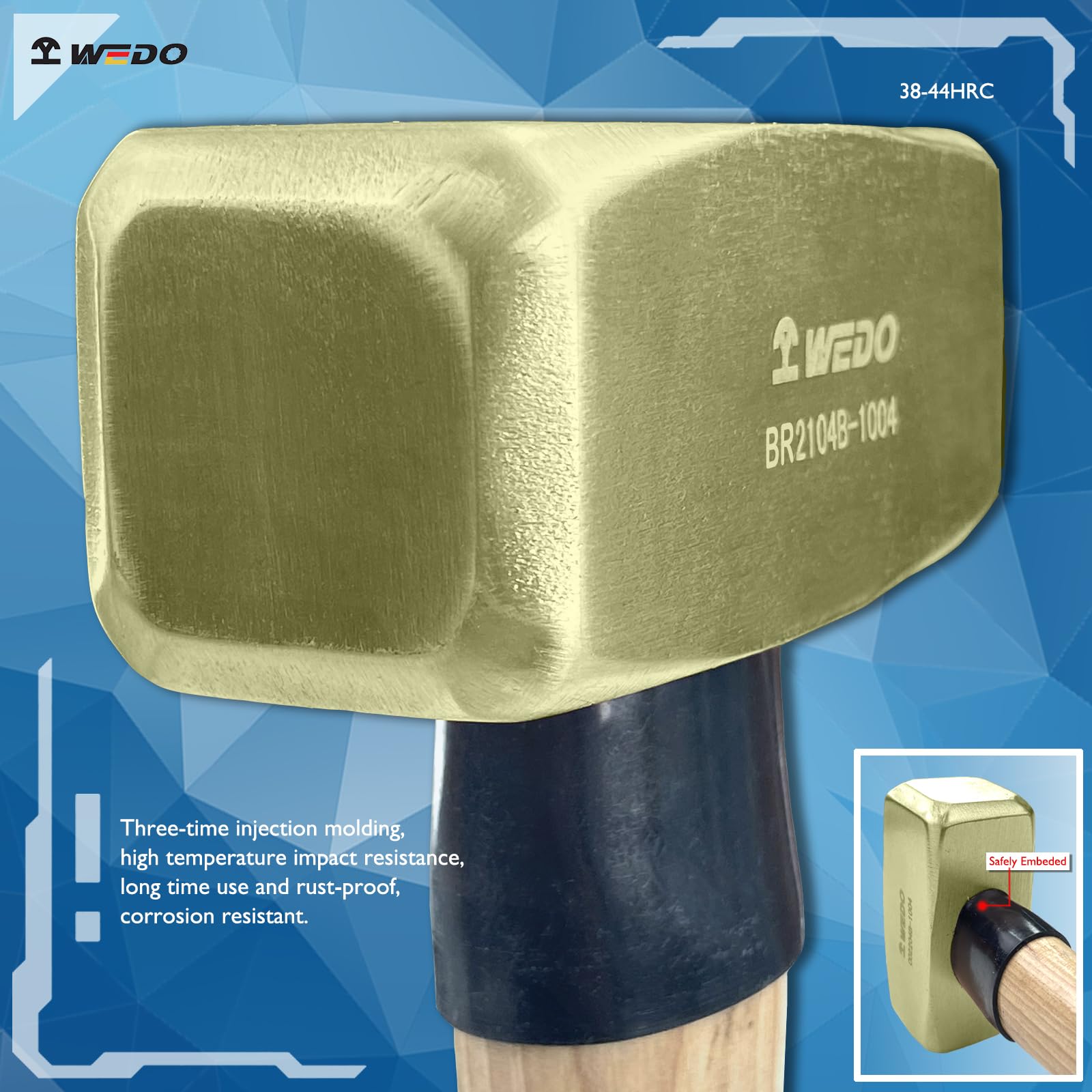 WEDO Brass Sledgehammer 3lb(1500g), Club Hammer with Wooden Handle, Die-Forged, Corrosion Resistant, DIN Standard, Length 14"(360mm) - Image 3