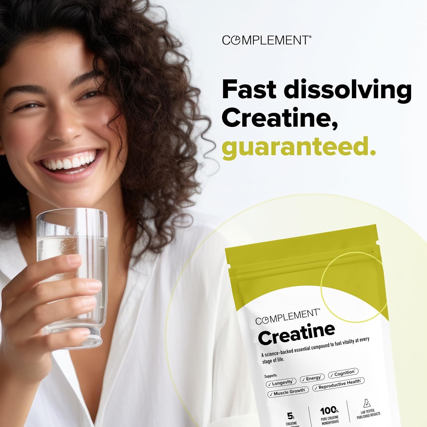 Complement Creatine Monohydrate Micronized Powder - Pre-Workout, Post-Workout, Muscle Recovery, Brain Health, Longevity, Energy Supplements for Women and Men - Vegan, Unflavored (5g, 60 Servings)