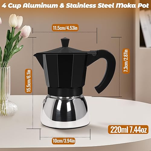 Miniatura 2 de Cafetera italiana sin revestimiento de 4 tazas de aluminio y acero inoxidable, cafetera italiana, 7.4 fl oz, 7.44 onzas, adecuada para estufa de