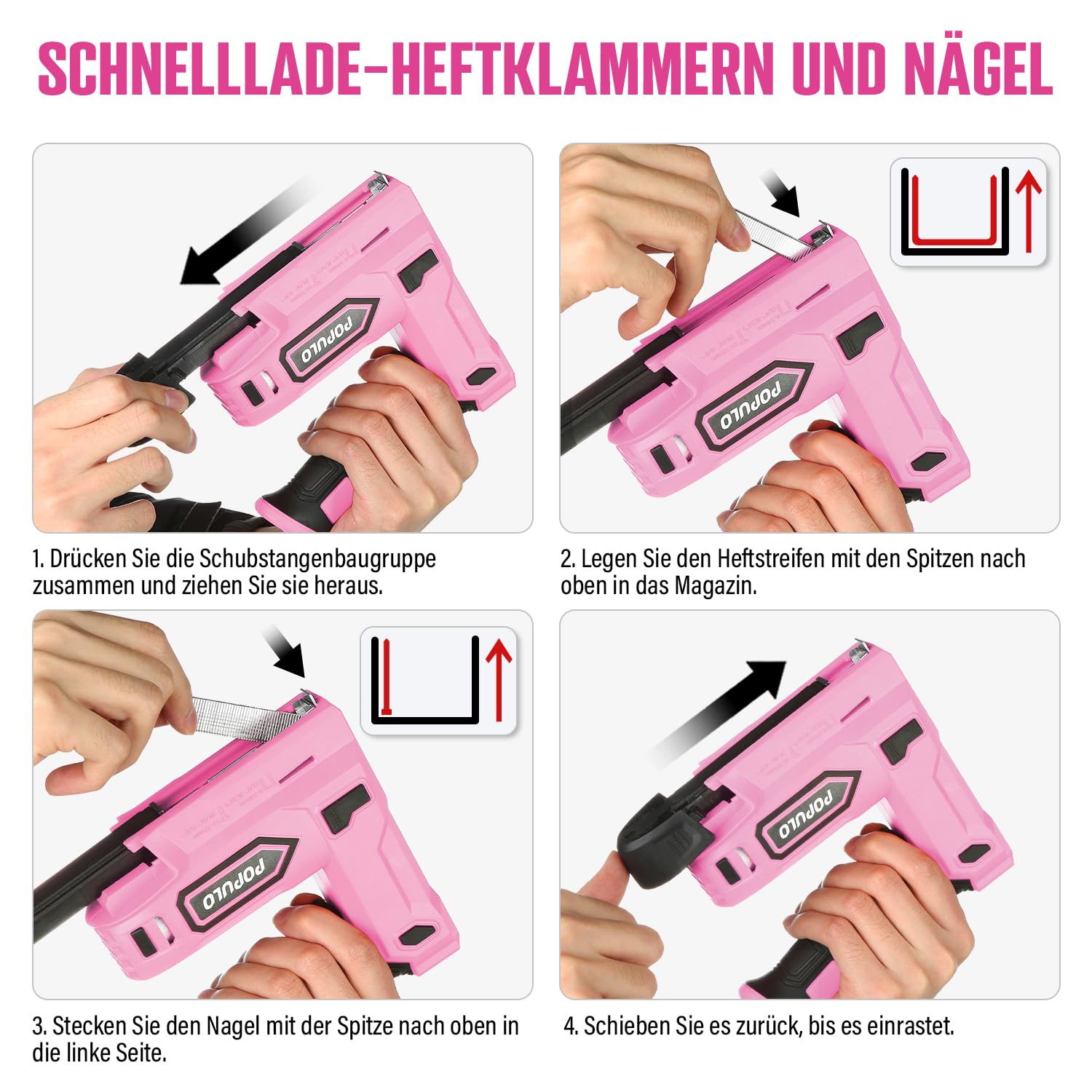 POPULO Akku Tacker, 2-in-1 Lithium-Ionen-Heftgerät, 4V Nagelgerät Set Mit Ladekabel, 2600 Heftklammern & Nägel, Power-Tacker Inklusive Nagelzieher für Bastelarbeiten, DIY und Polsterarbeiten, Rosa