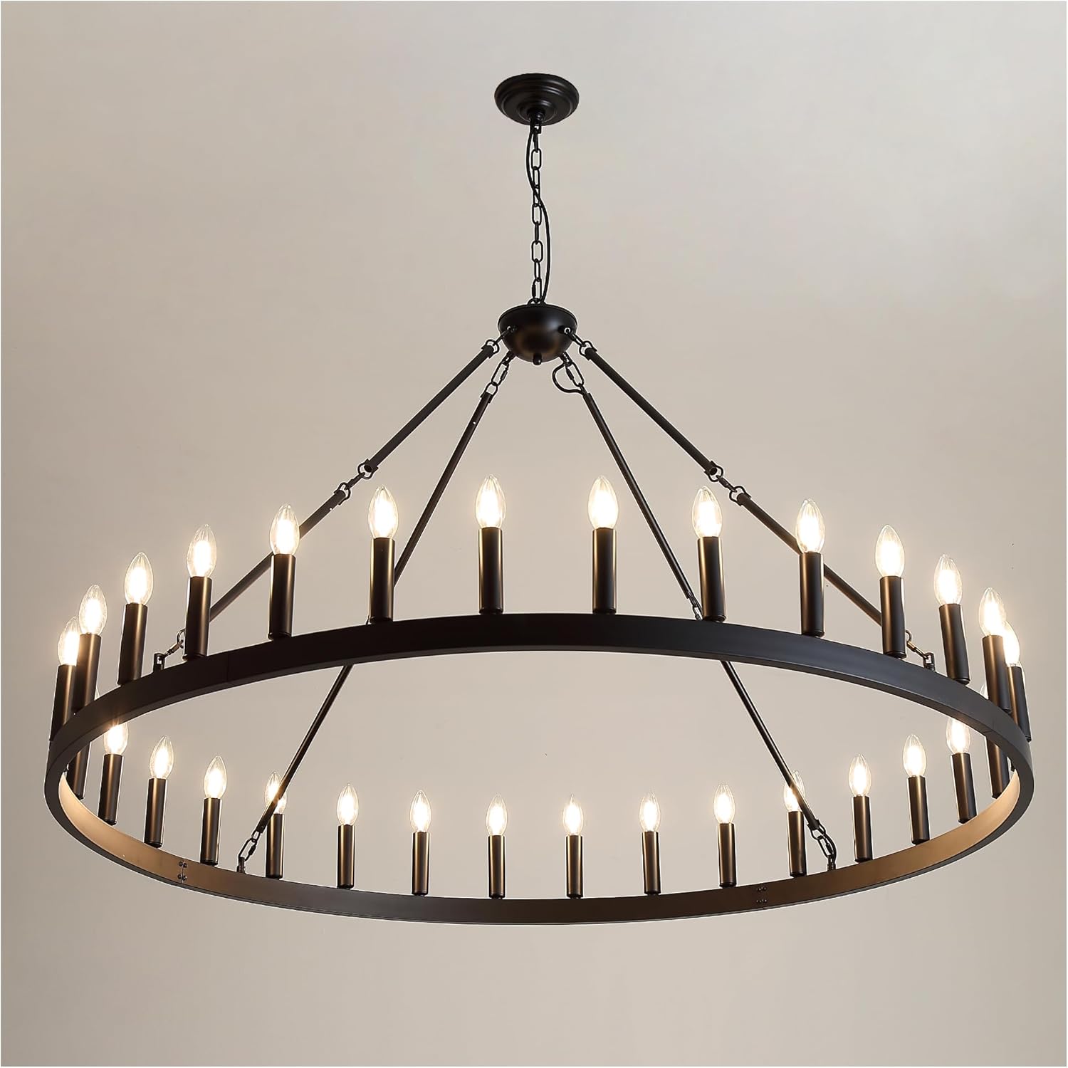 3 Tier Black Wagon Wheel Chandelier 52-Lights 48 Inch Extra Large Round Farmhouse Light Fixture for High Ceilings, Living Room Dining Room Kitchen Island Foyer Entryway - UL Liste