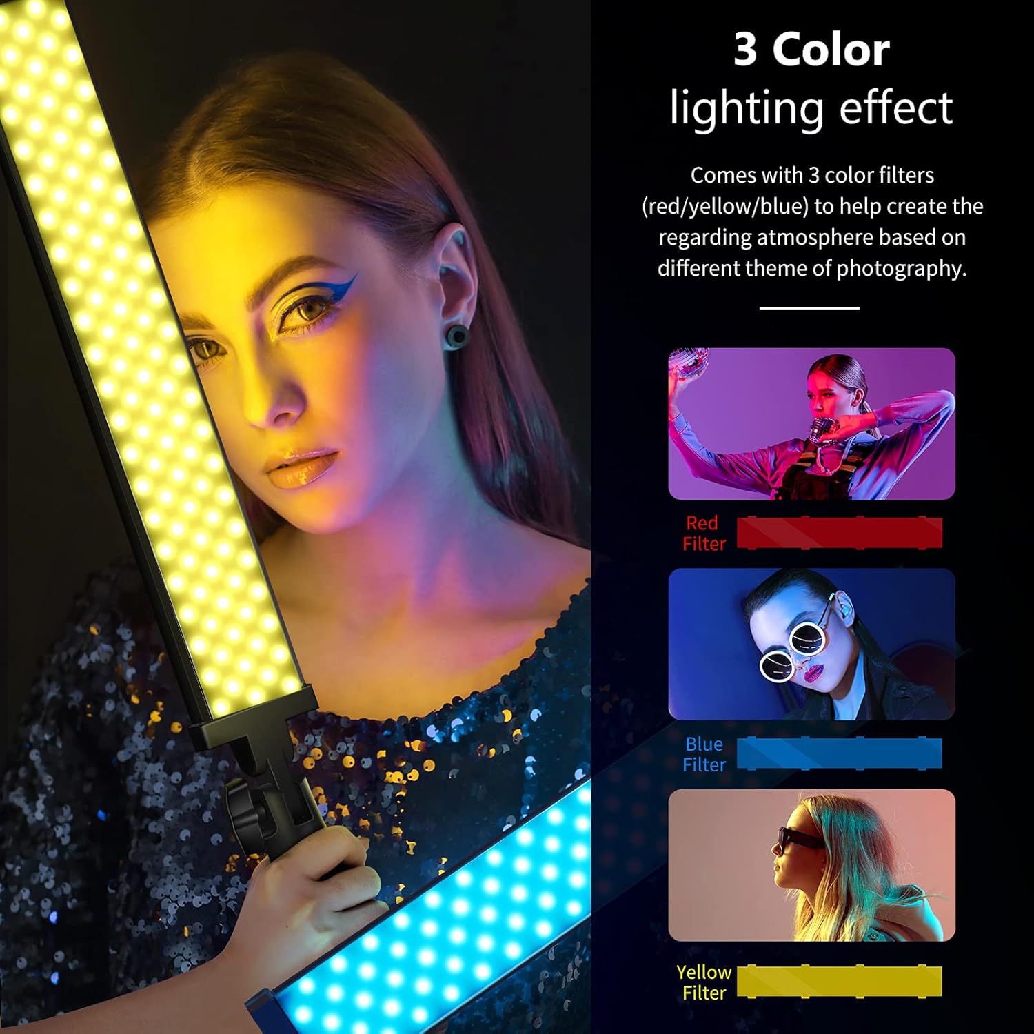 Neewer 3 Packs 2.4 GHz LED Light Stick Photography Lighting Kit with 3 Color Filters - Remote Dimmable 3200k-5600K 21W CRI 95 with Boom Arm Stand, Filters(Red/Yellow/Blue) and Bag, Battery Applicable