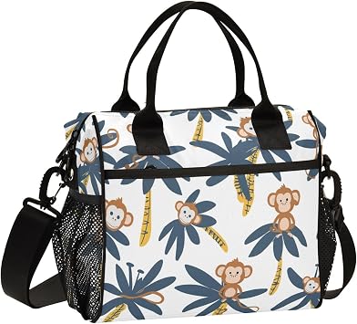 Adult Lunch Box Insulated Lunch Bag Cartoon Monkeys in Coconut Tree Large Cooler Tote Bag for Work Picnic or Travel with Adjustable Shoulder Strap