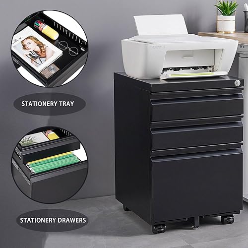 Miniatura 6 de Archivador rodante con cerradura, archivador de almacenamiento de oficina de 3 cajones para tamaño carta, archivador de metal de acero para oficina