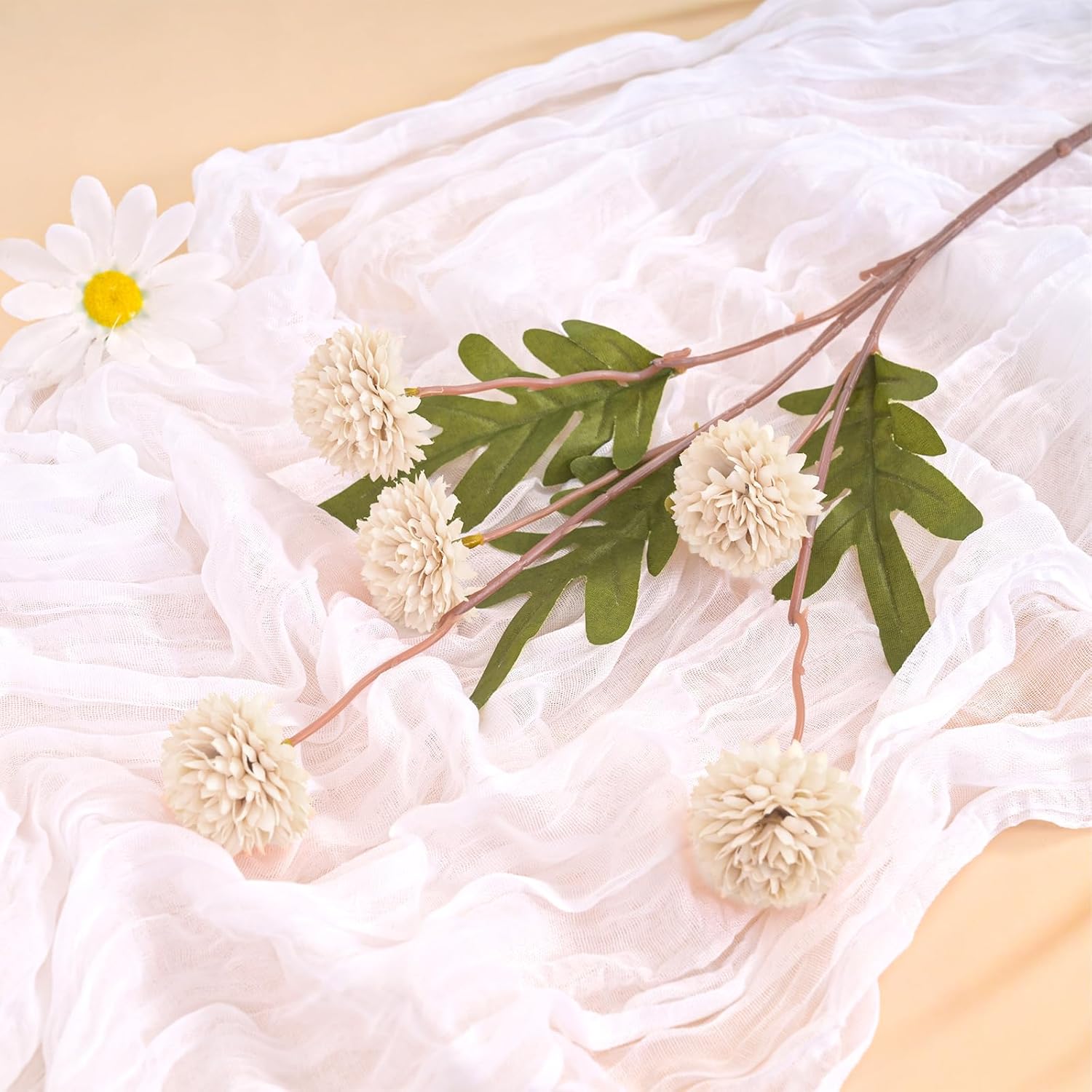 10 Stems Beige Artificial Chrysanthemums Flowers with 2 Stems Eucalyptus Leaves, Faux Silk Pompon Mum Bulk Fake Small Mini Mums Flowers for Wedding, Festive Centerpieces and Cheerful Home Decor