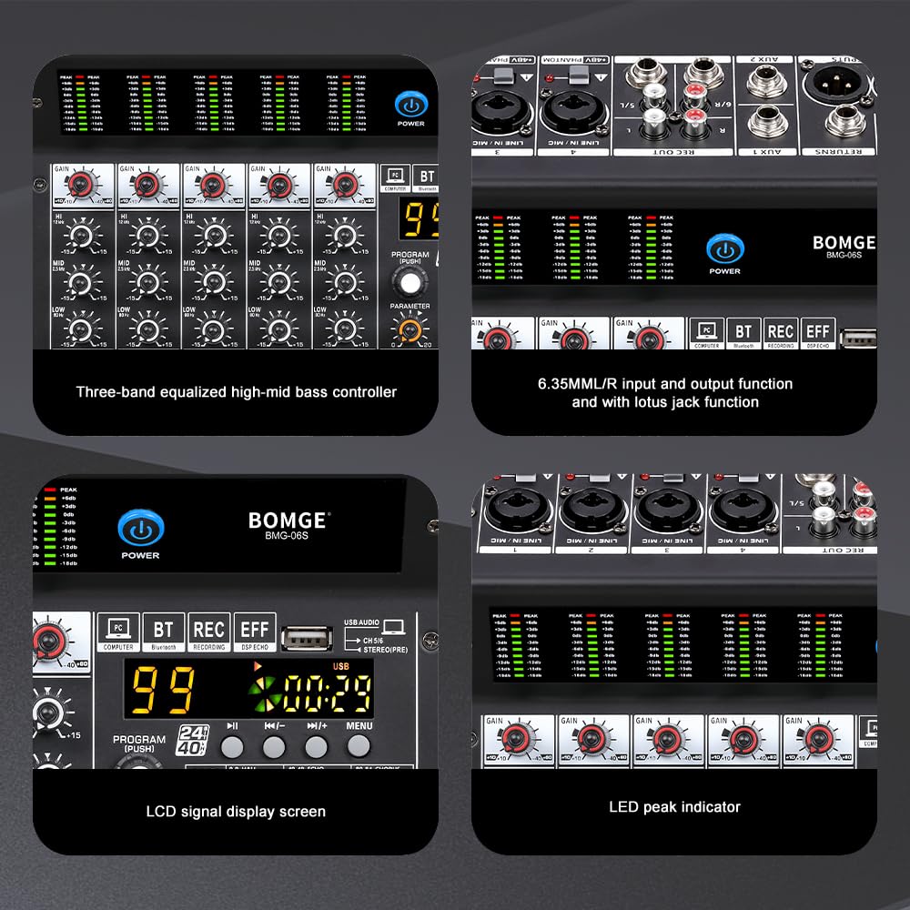 BOMGE Mixer audio professionale a 6 canali console di mixaggio con 99 effetti DSP, +48 V Phantom, Bluetooth, interfaccia USB.2 processore AUX.FX per registrazione in studio e spettacoli dal vivo