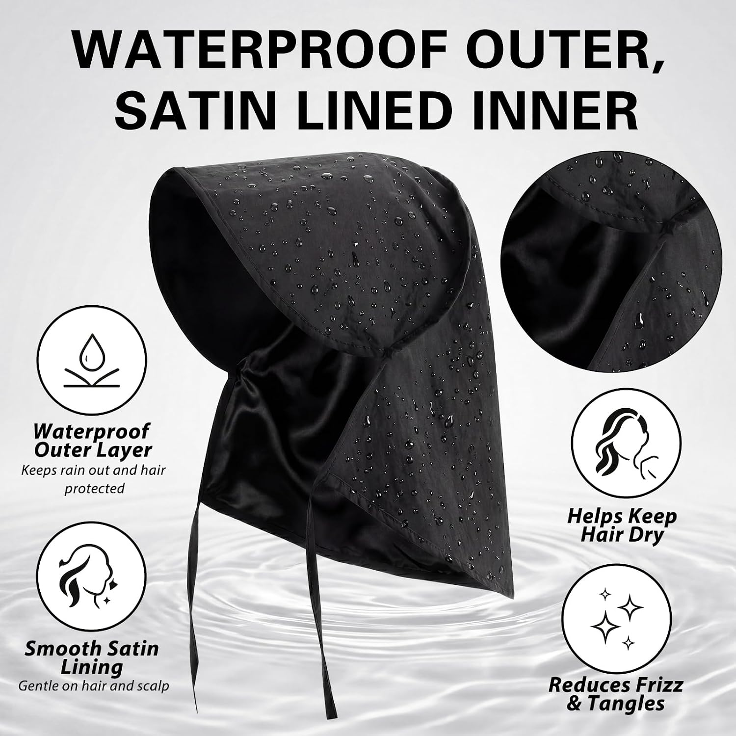 Cuffbow 2 Pcs Satin Lined Bonnet Waterproof Rain Hat for Women, Adjustable Drawstring, Stylish Black Bandana Cap Protects Hair from Rain and Wind