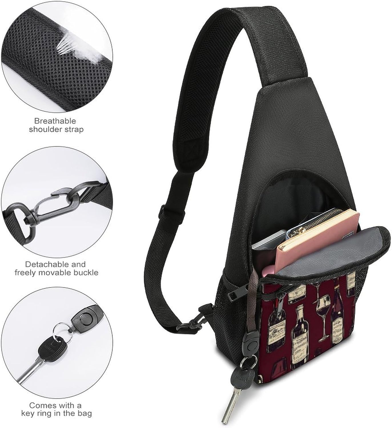 Red Wine Glass And Bottles Crossbody Sling Backpack Chest Bag Daypack | unisex,trendy,with convertible and detachable shoulder strap,side pockets