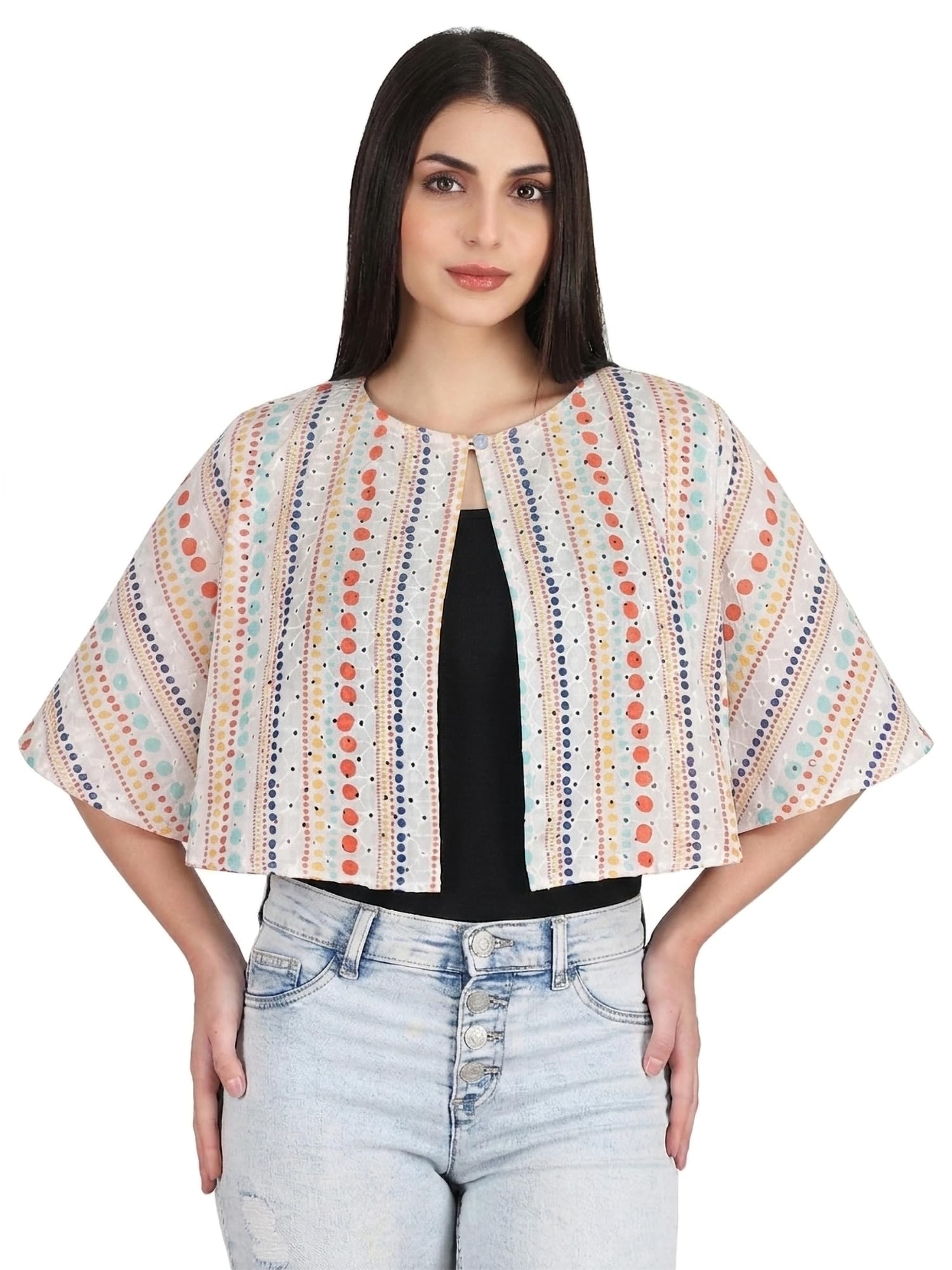 aol Women’s Cotton Schiffli Crop Cape Lightweight Casual Summer Cover-Up Top-picture-21