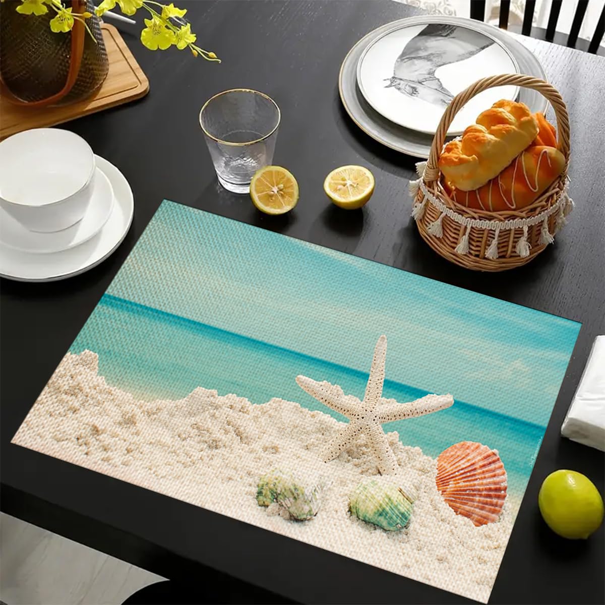 Mantel Individual Conchas De Playa Juego De 4 Manteles Individuales Bajoplatos Aislante Calor Lino Antimanchas Antideslizantes Decoración Mesa Comedor Cocina 45X30Cm