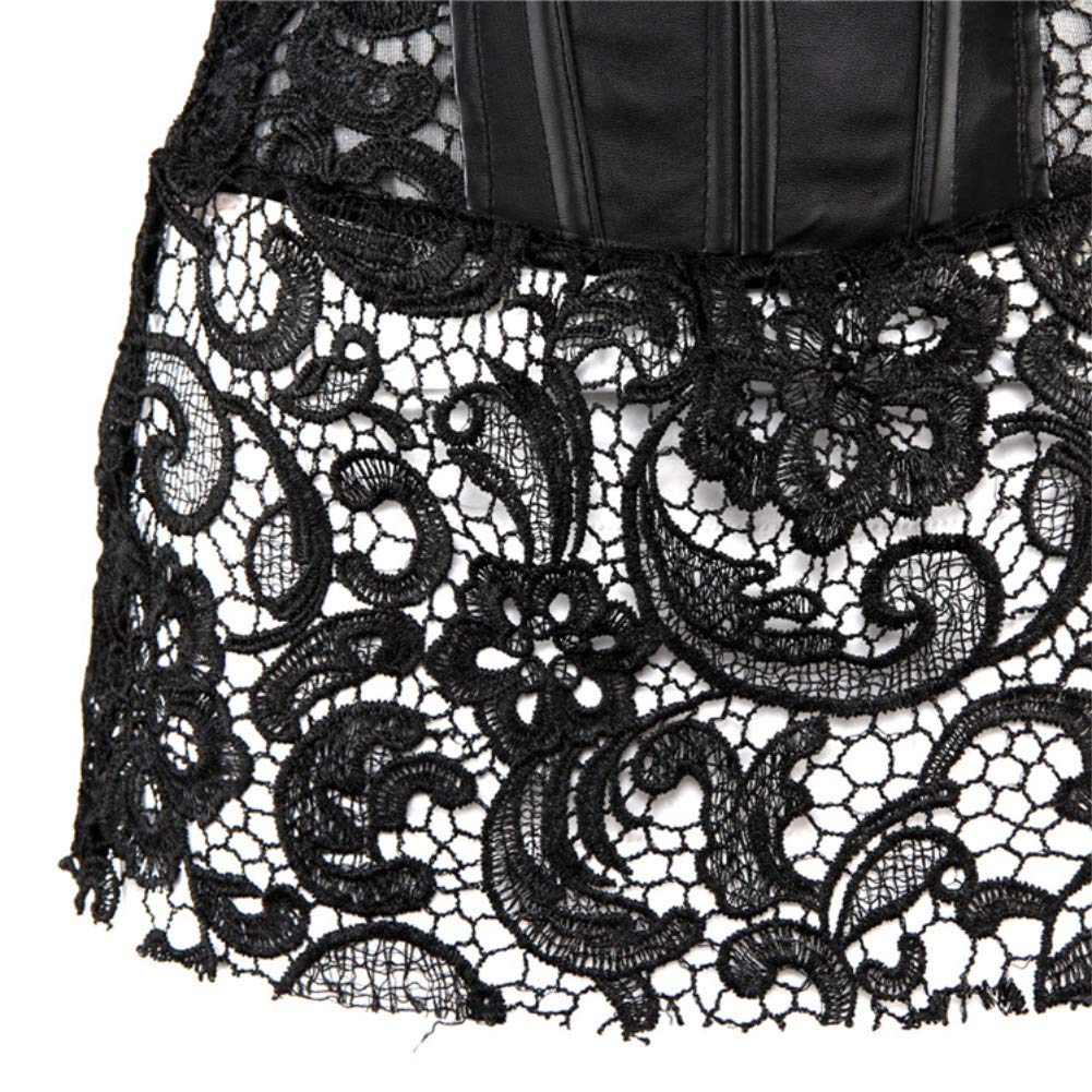 DISSA Corset Robe Simili Cuir Baleines Plastiques | Simili cuir, bretelles en dentelle, laçage avant, fermeture éclair arrière, jupe en dentelle intégrée, baleines plastiques