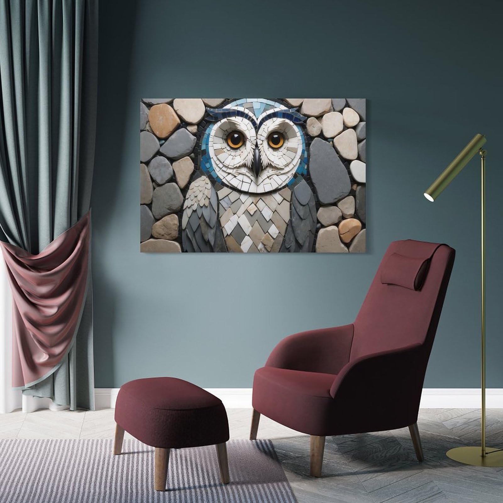 Junmoney Mosaic Owl Art with Stone Border Wall Art Print, 24x36inch(60x90cm), for Sofa Walls, Lounge Or Home Corners, Canvas Styling for A Polished Room Look