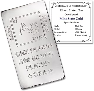 1 lb Silver Plated Bar (Flat Style) .999 Pure Paperweight - Element Design with Certificate of Authenticity